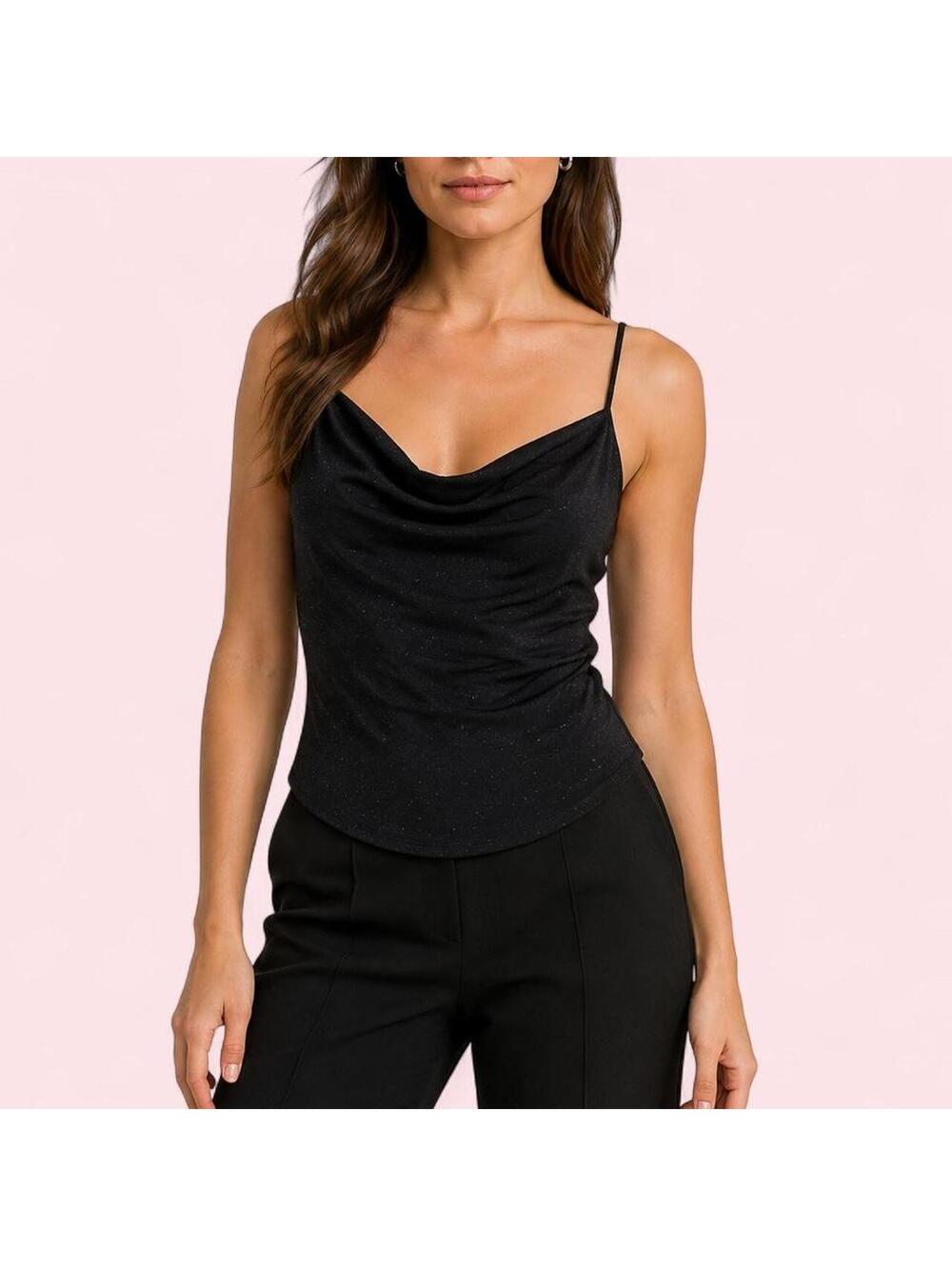 Y2K January 7 black glitter cowl-neck cami top